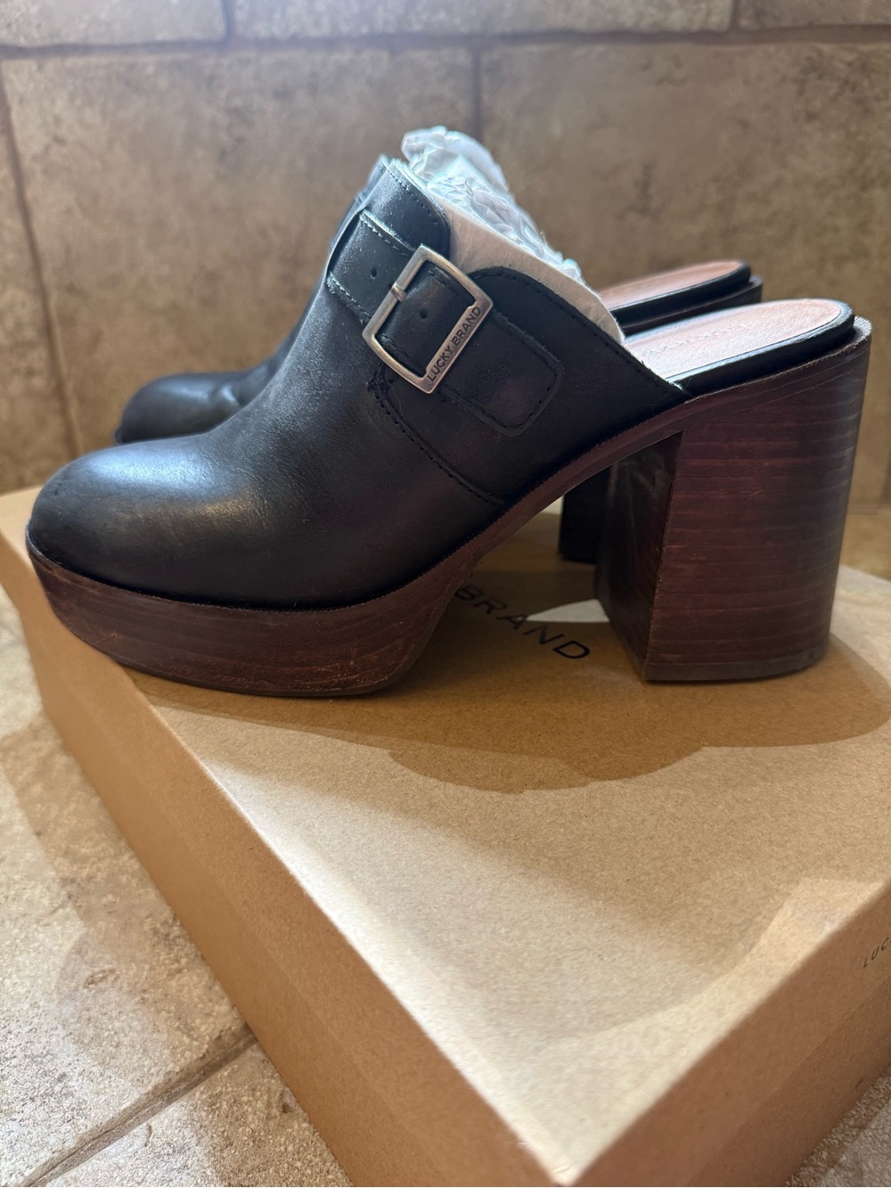 Lucky Black Leather Clog Mule with Buckle - Women